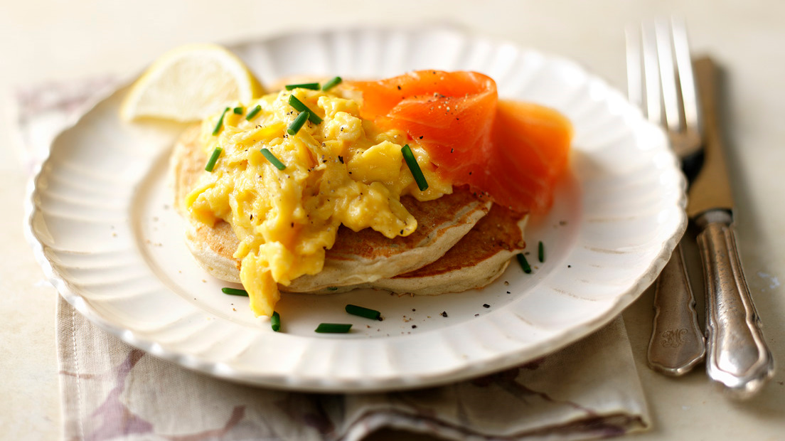 Buckwheat Blinis With Scrambled Eggs And Salmon Recipe Bbc Food