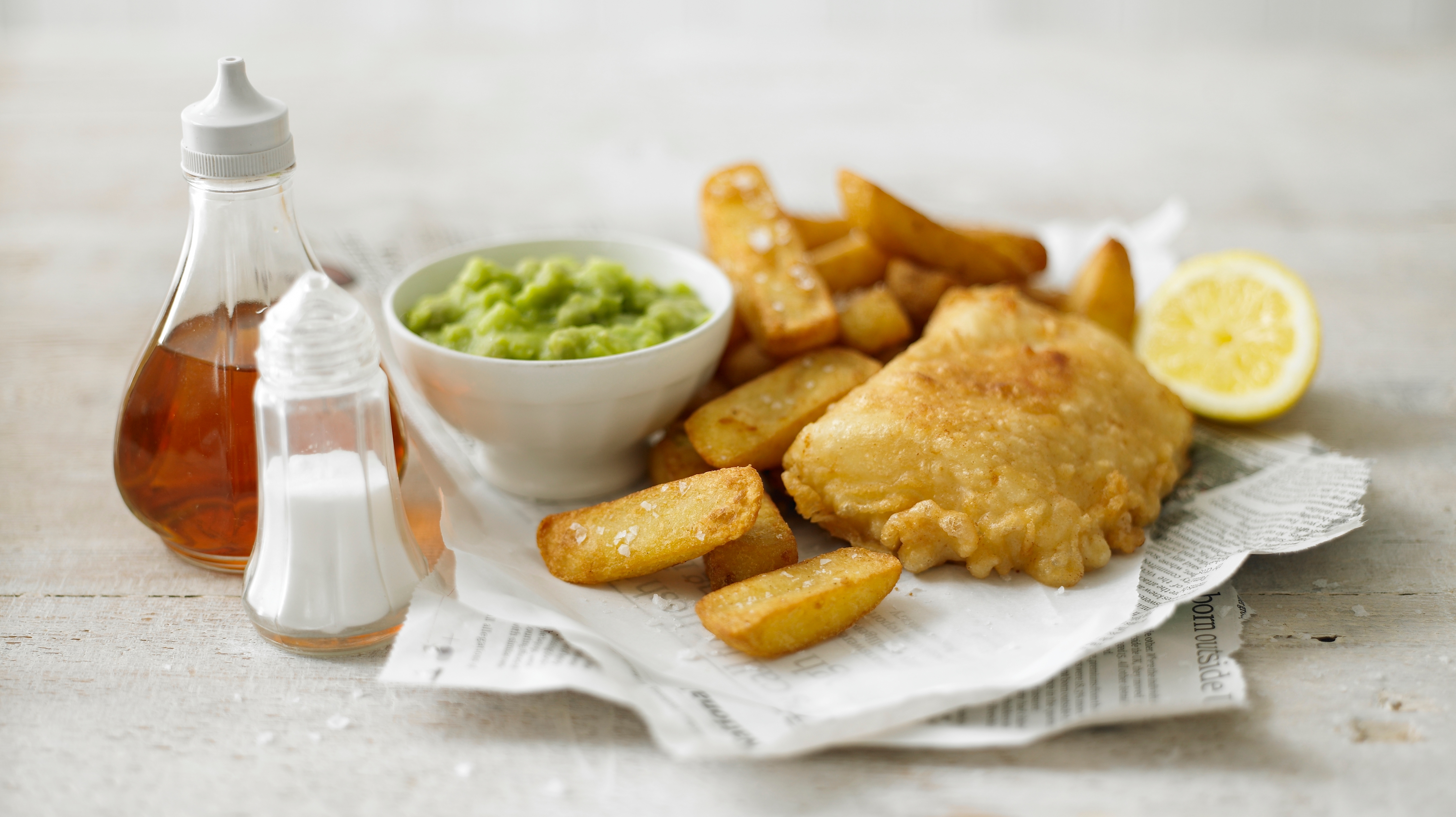 Crispy fish & chips with mushy peas recipe