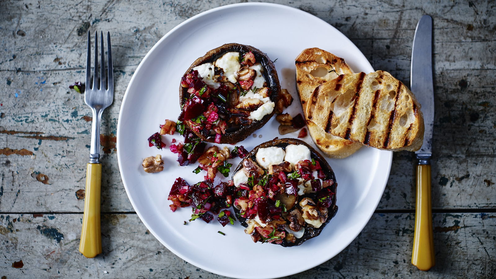 Grilled mushrooms with goats' cheese and beetroot and walnut salsa recipe