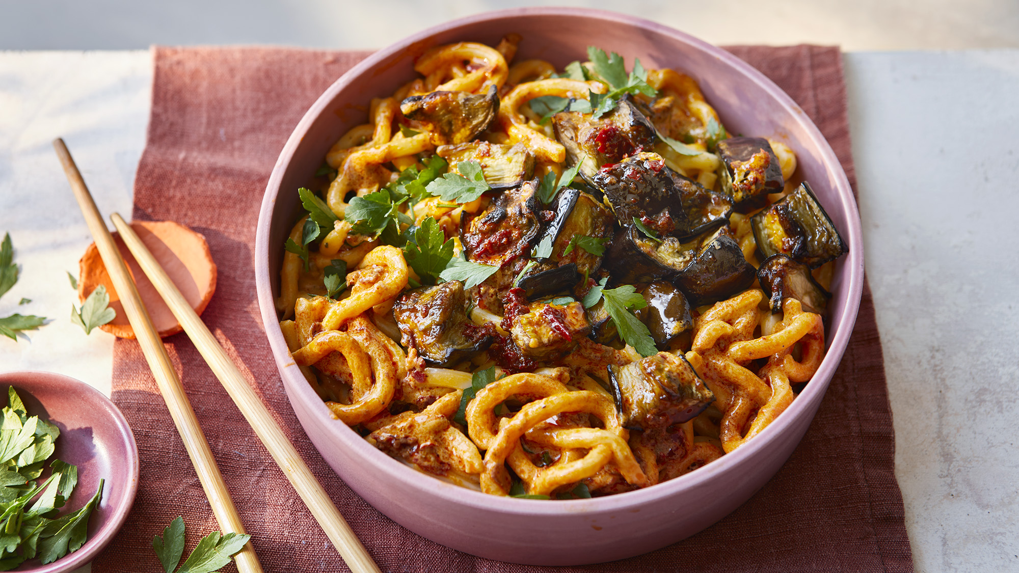 Harissa tahini noodles with charred aubergines-image