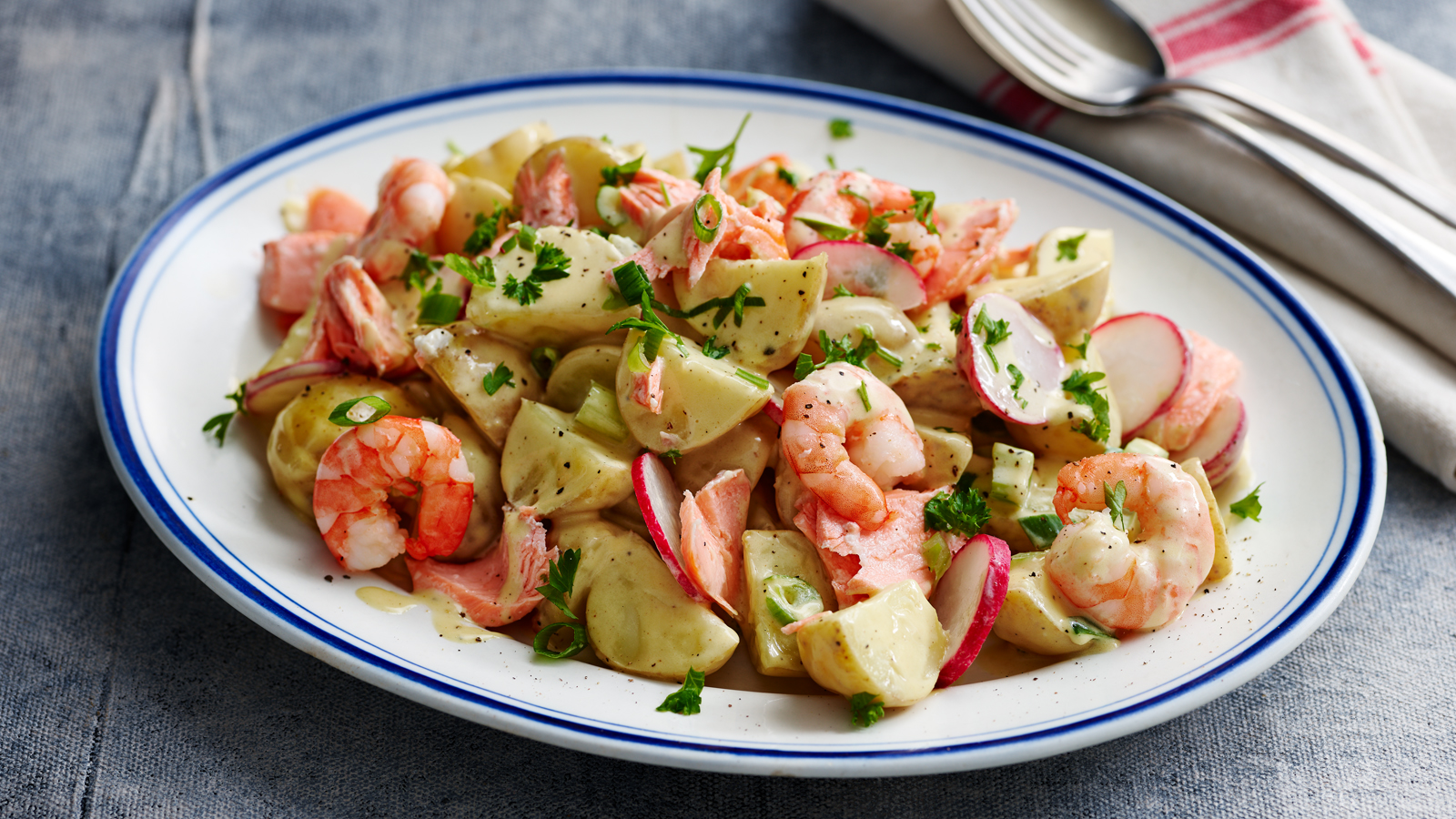 Creamy Potato Salad With Salmon And Prawns Recipe c Food