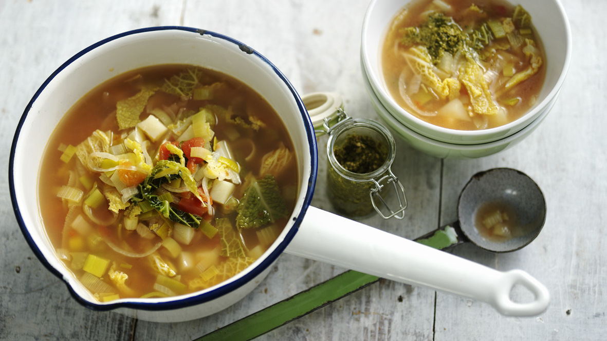 Spring minestrone soup with pesto